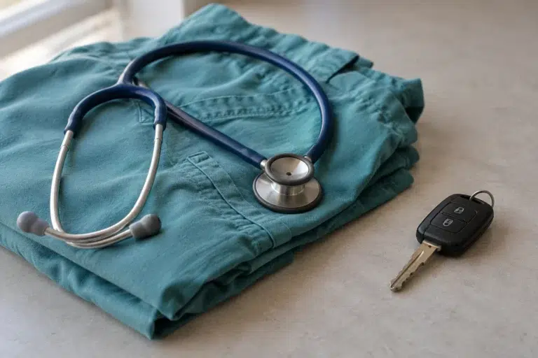 Stethoscope and car keys illustrating nursing license concerns after a DUI.