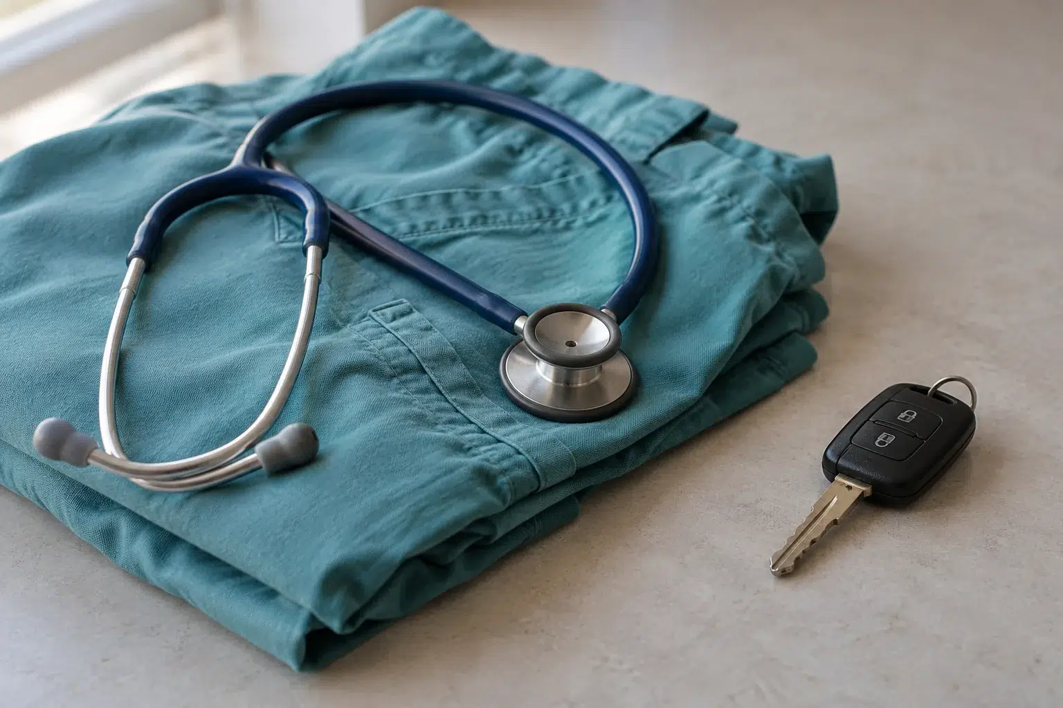 Stethoscope and car keys illustrating nursing license concerns after a DUI.